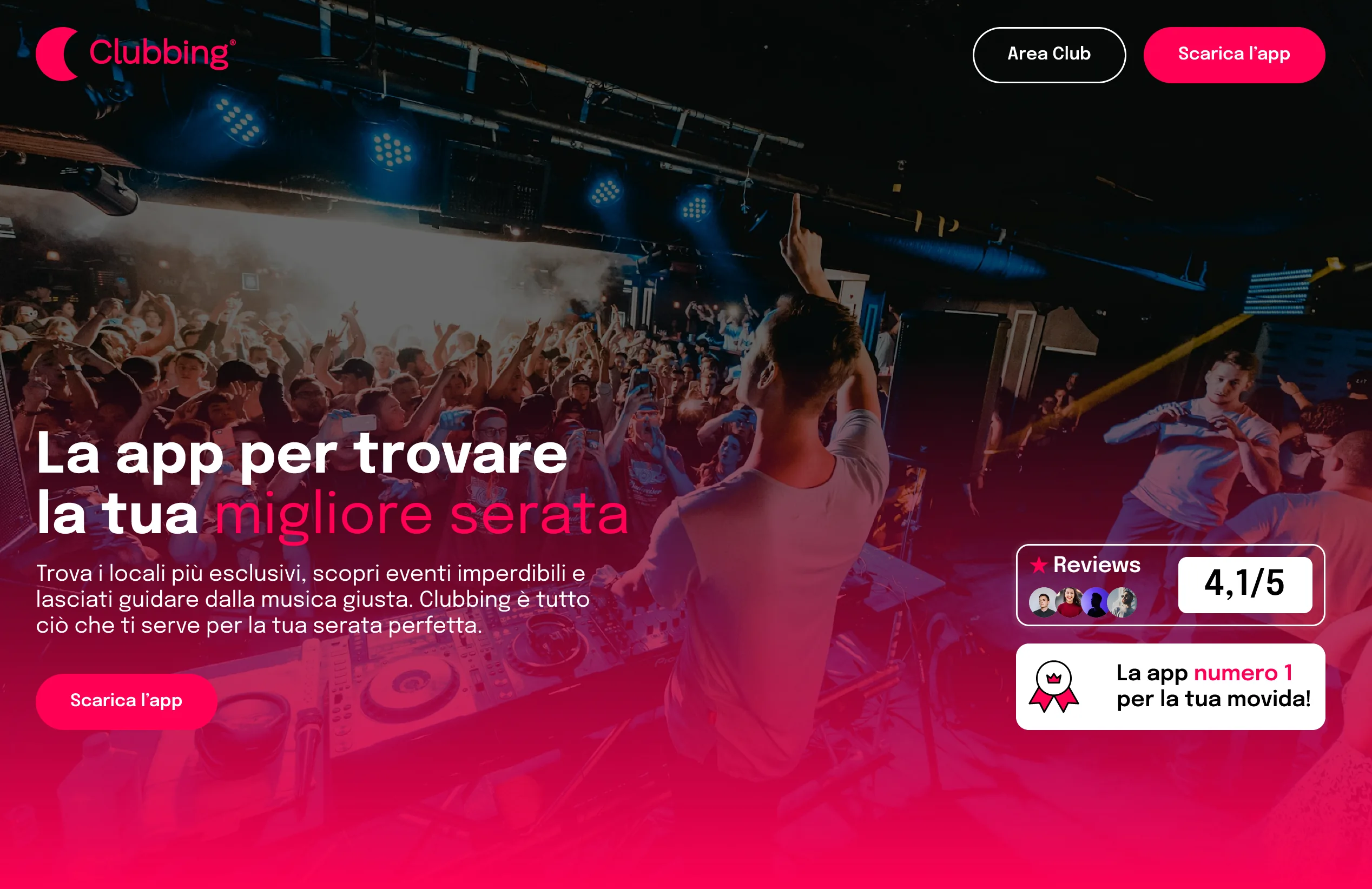 Hero del sito: il claim sopra la console di un DJ, con recensioni e call to action per il download
