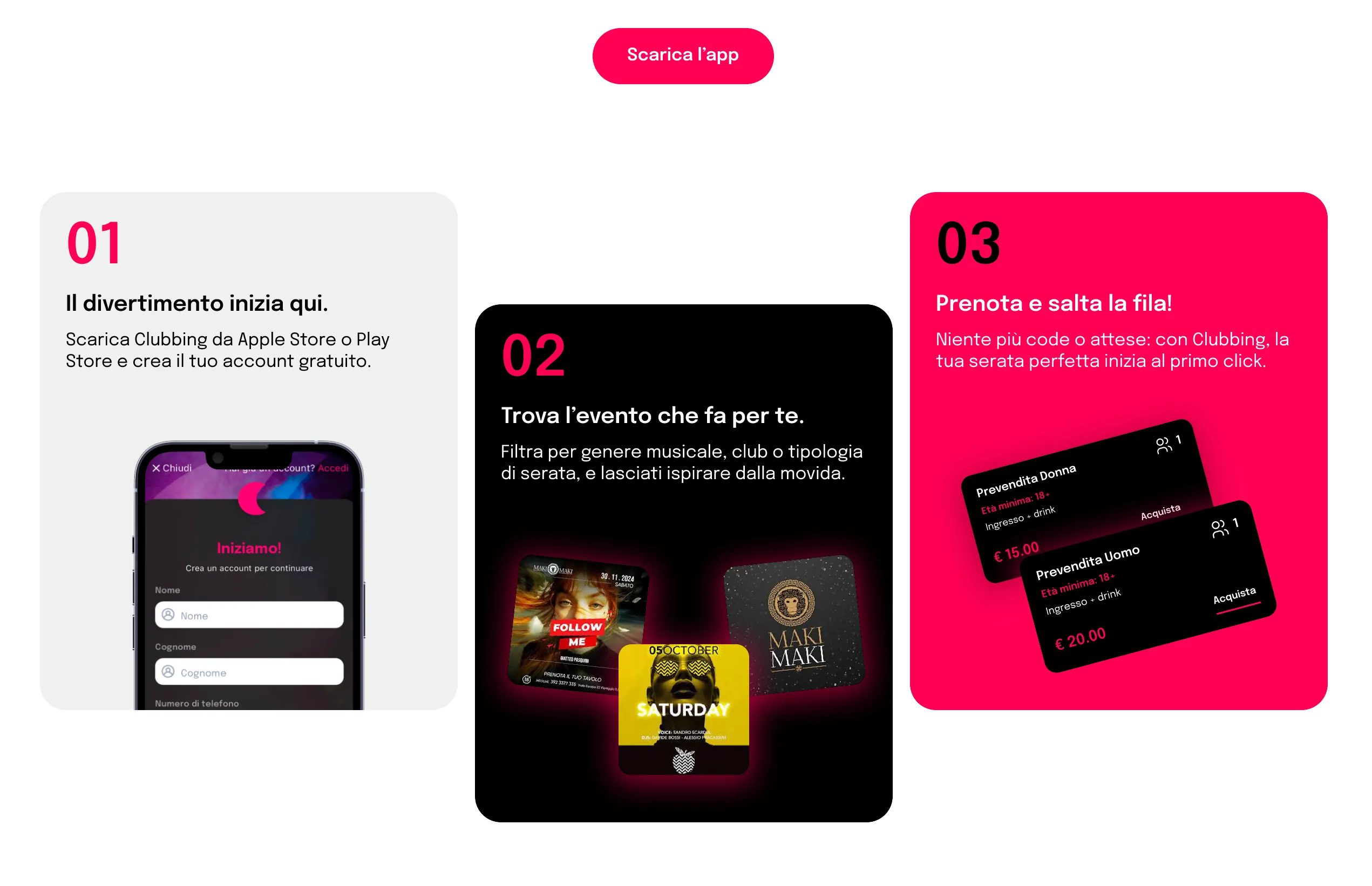 I tre passi per iniziare: registrazione, scelta dell'evento e prevendita
