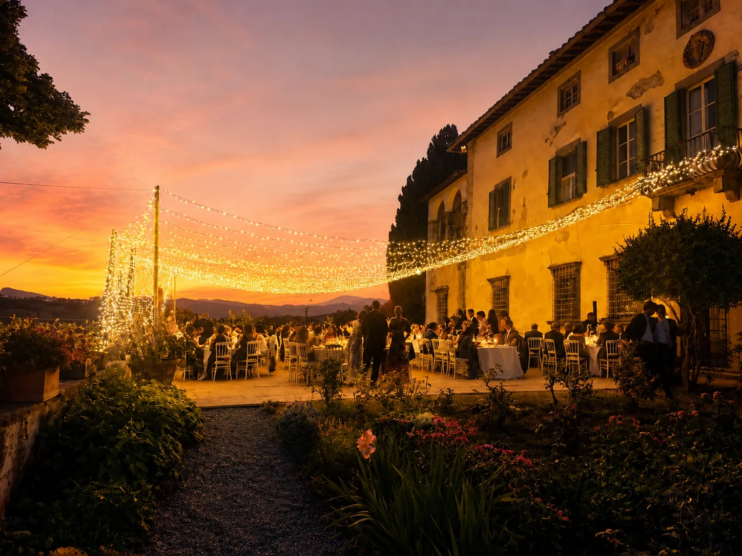 Tramonto su una villa toscana, con una volta di luci sopra i tavoli degli ospiti