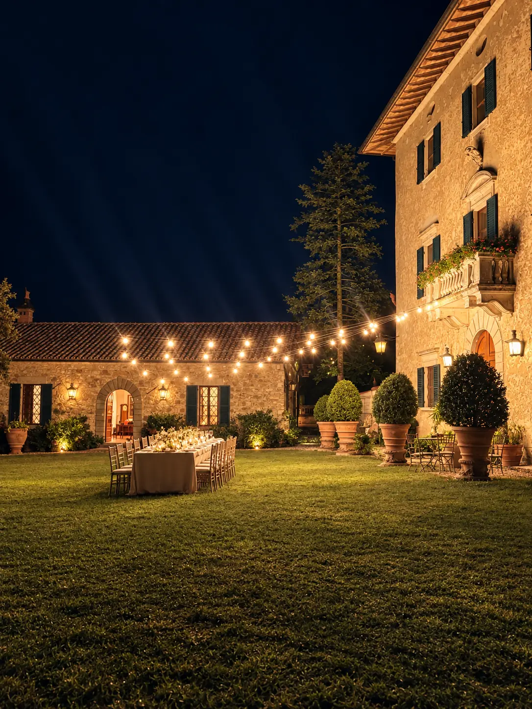 Cortile di una villa di notte, con catenarie di luci sopra la tavola apparecchiata