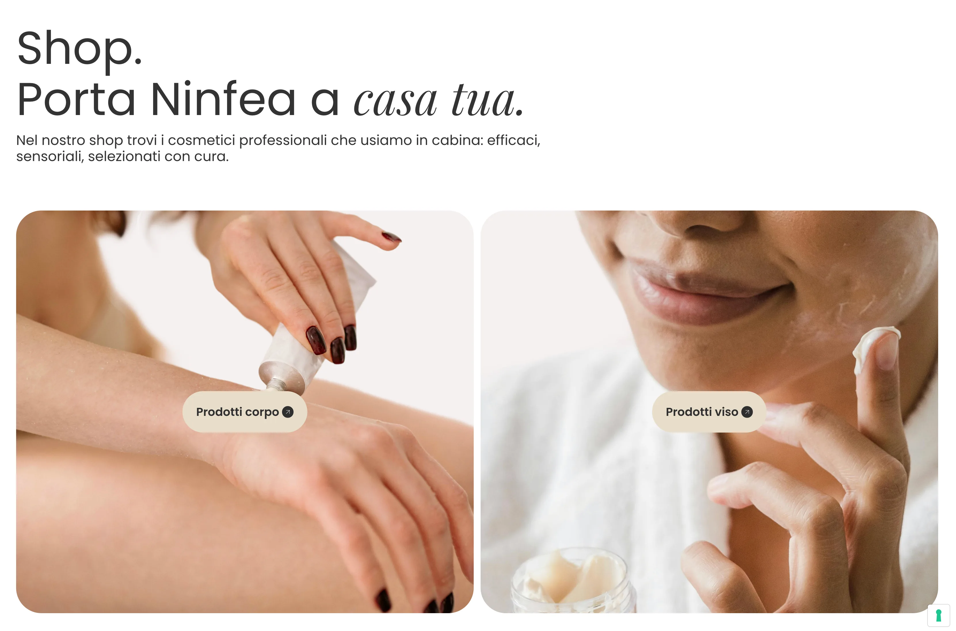 Sezione shop con gli accessi a prodotti corpo e viso