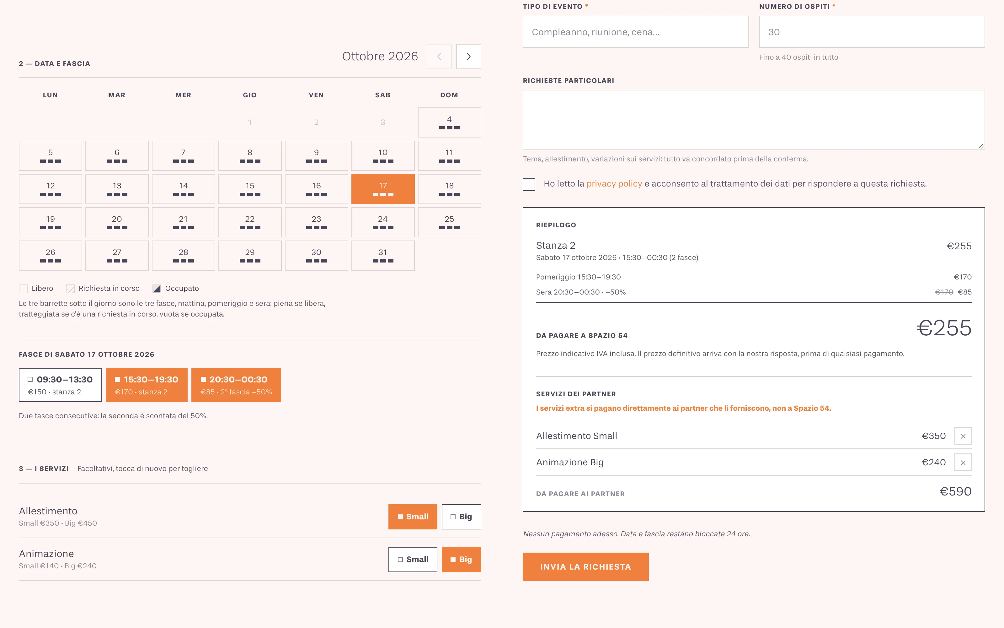 Calendario con le disponibilità per fascia, servizi dei partner e riepilogo con i totali