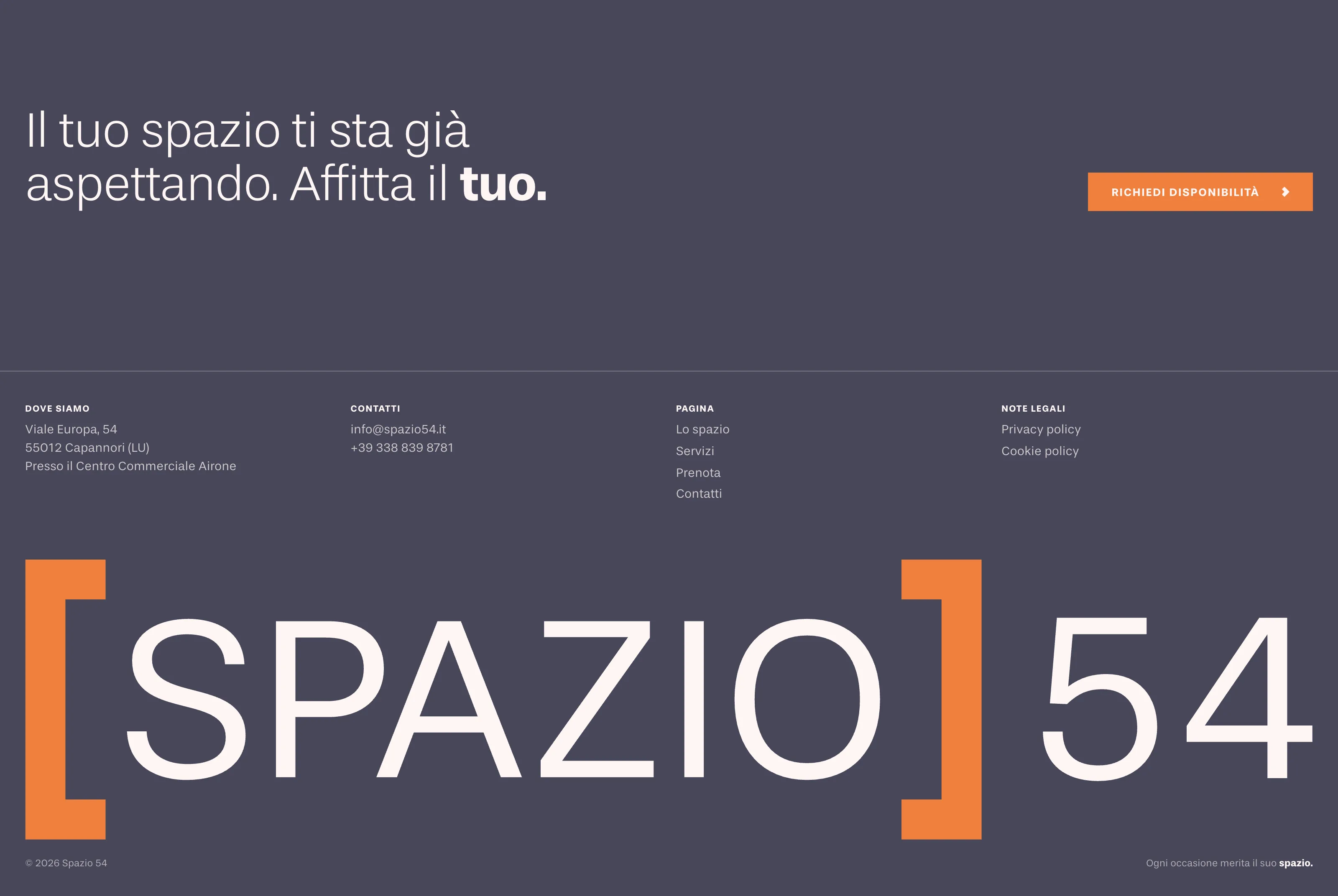 Chiusura di pagina con call to action e logotipo Spazio 54 a tutta larghezza