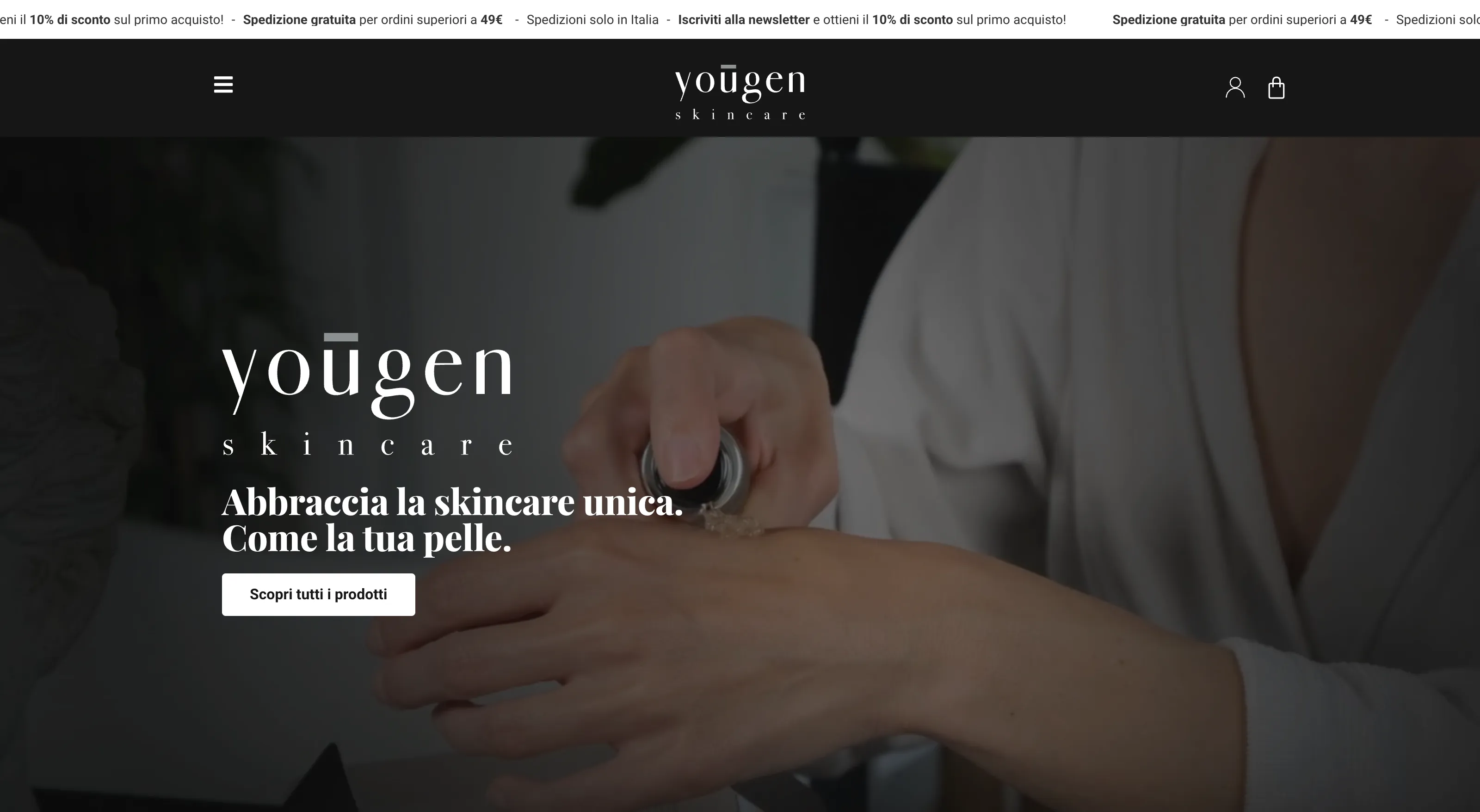 Home del sito: il logotipo e il claim sopra le mani che stendono un siero, sotto la testata nera