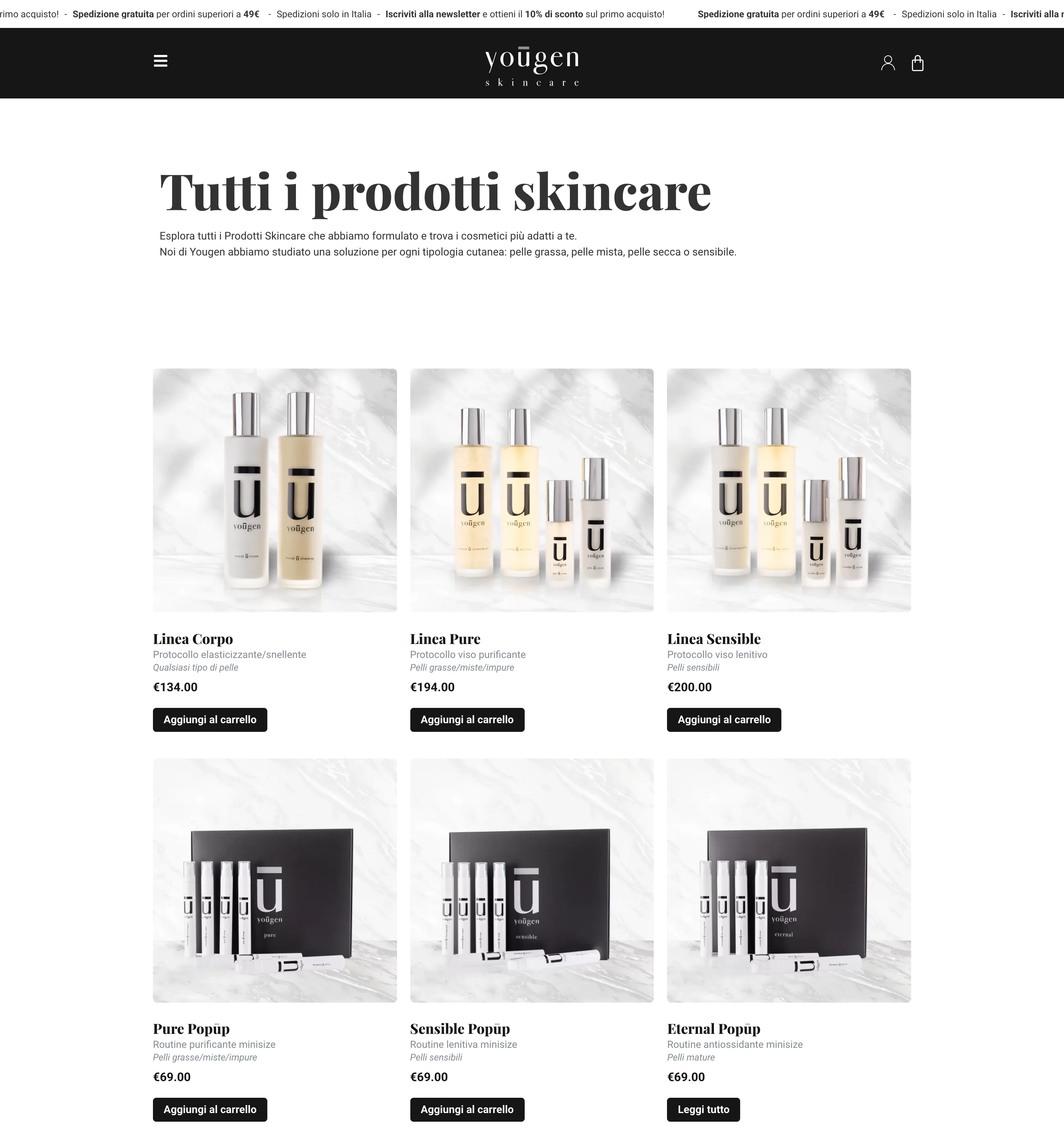 Shop: linee complete e kit Popūp su fondo marmo, con protocollo, tipo di pelle e prezzo