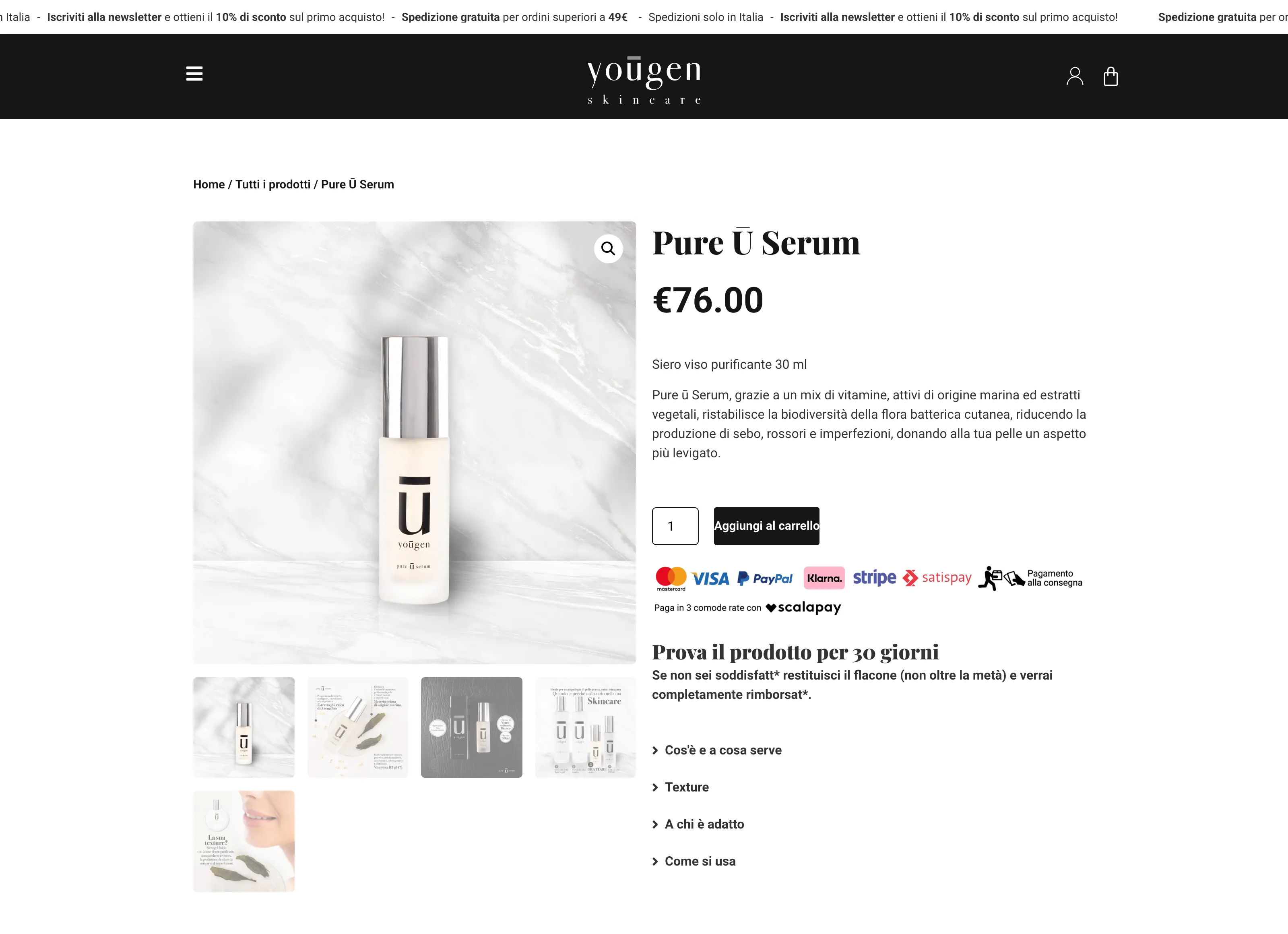 Scheda prodotto di Pure Ū Serum con galleria, metodi di pagamento, garanzia di 30 giorni e schede a scomparsa