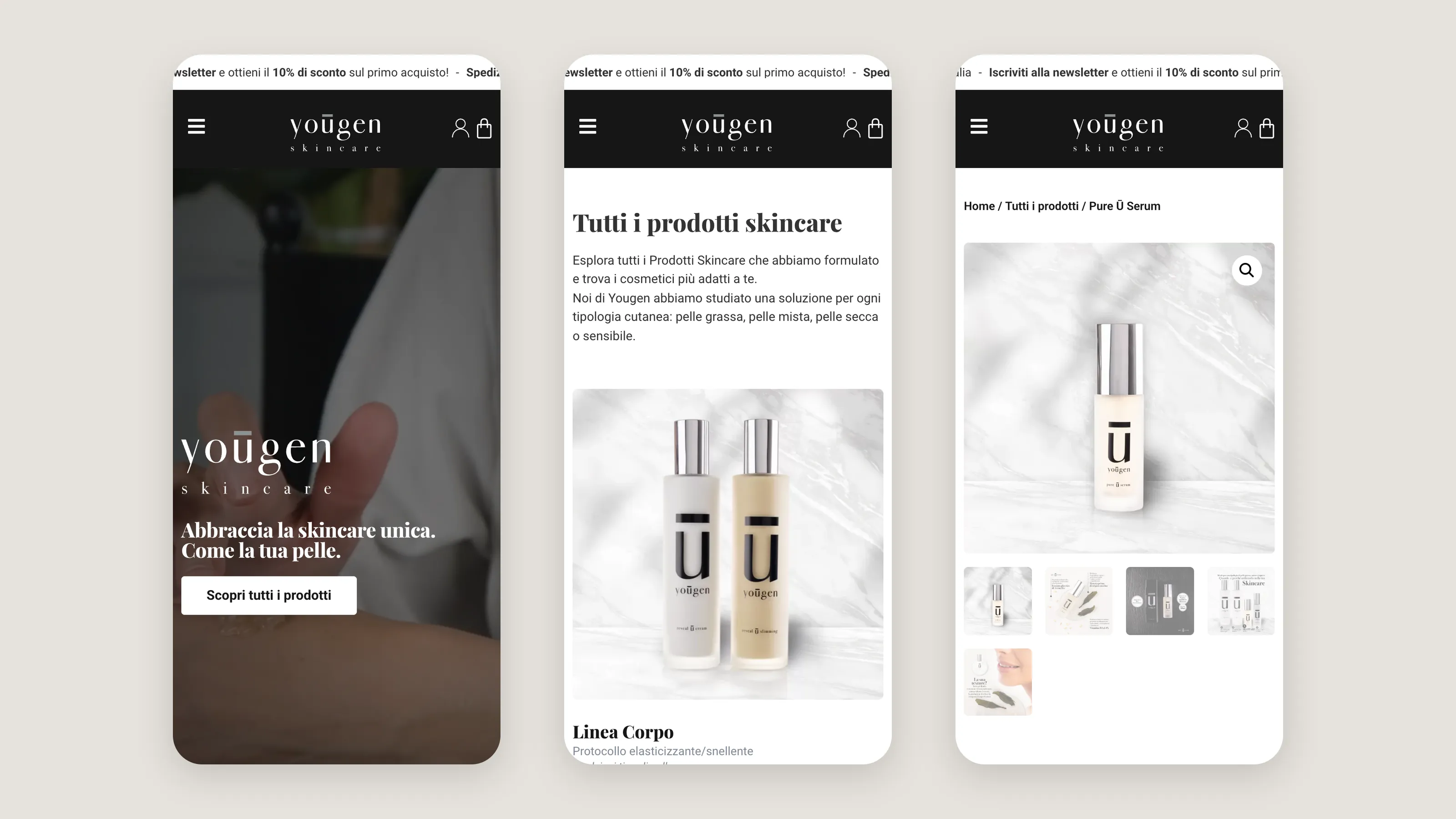 Tre schermate mobile: home, shop e scheda prodotto